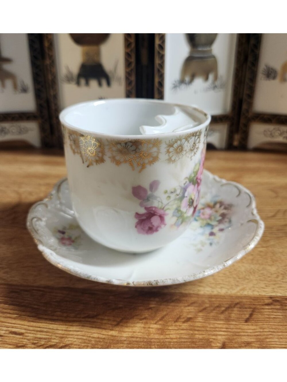Victorian Mustache Tea Cup & Saucer Set Bone China Porcelain Pink Germany VTG - Picture 4 of 16